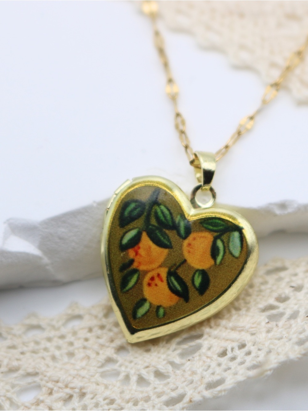 Gold Heart Locket Necklace with Orange and Green Fruit Motif
